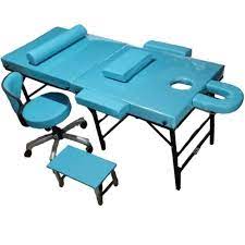 ست تخت ماساژ چمدونی آبی پرتابل ۱۸ کیلو با صندلی چرخ‌دار، زیرپایی و رول ملحفه